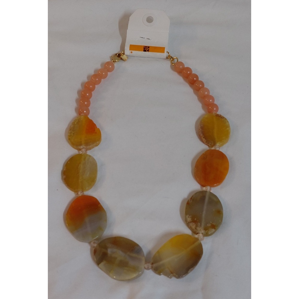 INC International Concepts Orange Peach Agate Beaded Necklace Gold Tone